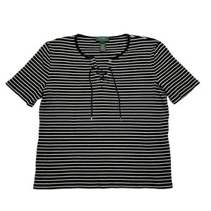 Ralph Lauren Top Women L Black Cotton Striped Nautical Lace‎ Up Casual Comfort